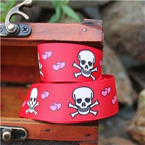 Pirate Ribbon - Skull & Cross Bones Hearts/Red